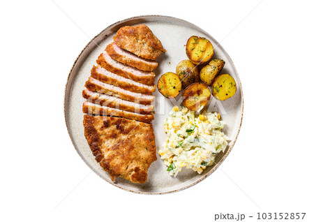 Homemade breaded german weiner schnitzel with potatoes and salad. Isolated on white background. 103152857