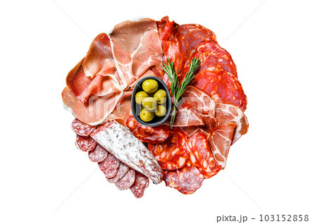 Cured meat platter of traditional Spanish tapas. Chorizo, jamon serrano, lomo and fuet. Isolated on white background. 103152858