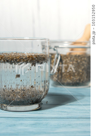 Preparing superfood water drink rich in Omega 3 fatty acids. Pouring coconut water. Adding soaked chia seeds and lemon detox Breakfast. Clean eating, weight loss, dieting food concept Vegetarian Preparing superfood water drink rich in Omega 3 fatty acids. Pouring coconut water. Adding soaked chia seeds and lemon detox Breakfast. Clean eating, weight loss, dieting food concept Vegetarian 103152950