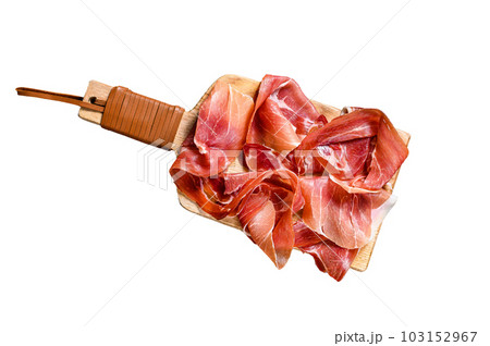 Spanish jamon Serrano, ham. Isolated on white background. 103152967
