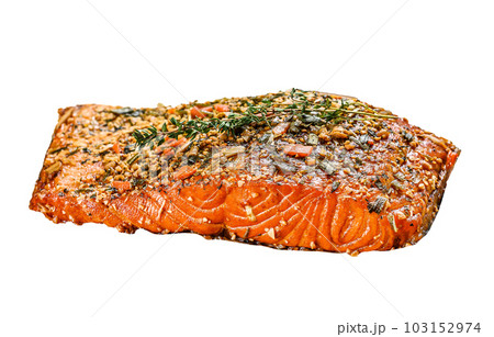 homemade hot smoked salmon fillet on a cutting Board. trout. Isolated on white background. homemade hot smoked salmon fillet on a cutting Board. trout. Isolated on white background. 103152974