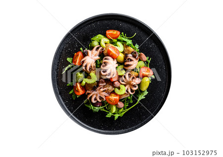 Homemade salad with octopus and potatoes, arugula, tomatoes and olives. Isolated on white background. 103152975