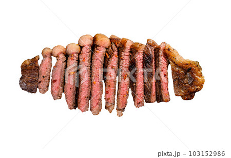 Grilled sliced marbled beef steak on a meat cleaver. Isolated on white background. 103152986