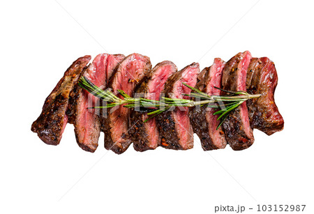 Grilled Vegas strip steak. Marble meat beef. Isolated on white background. 103152987