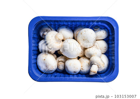 Fresh champignons in plastic packaging. Isolated on white background. 103153007
