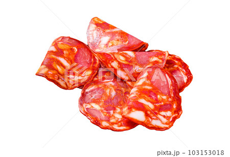 Sliced chorizo salami. Spanish traditional chorizo sausage. Isolated on white background. Sliced chorizo salami. Spanish traditional chorizo sausage. Isolated on white background. 103153018