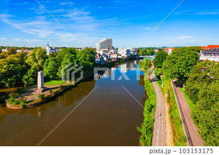 Danube river aerial panoramic view, Ulm 103153175