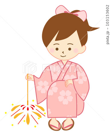 ピンクの花柄の浴衣姿で、しゃがんで花火をする女の子 103153602