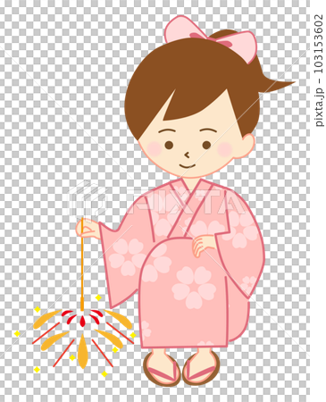 ピンクの花柄の浴衣姿で、しゃがんで花火をする女の子 103153602