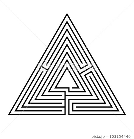 Triangular maze, a labyrinth with a single path (unicursal) from the entrance to the center or goal, in seven courses. Black and white, isolated illustration, on white background. Vector. 103154440