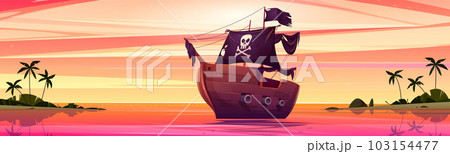 Pirate ship near sea island beach sunset cartoon Pirate ship near sea island beach sunset cartoon 103154477