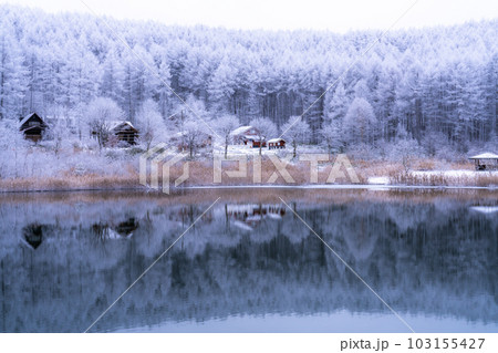 《長野県》雪景色の中牧湖・霧氷の森と湖のリフレクション 103155427
