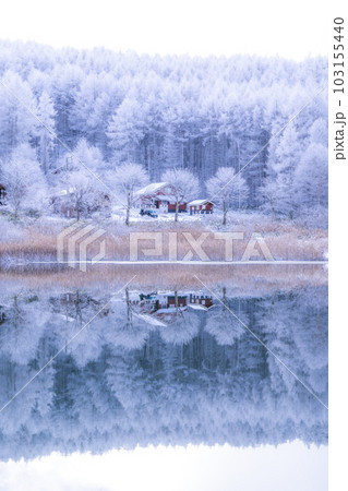 《長野県》雪景色の中牧湖・霧氷の森と湖のリフレクション 《長野県》雪景色の中牧湖・霧氷の森と湖のリフレクション 103155440