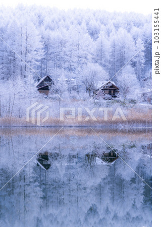 《長野県》雪景色の中牧湖・霧氷の森と湖のリフレクション 103155441