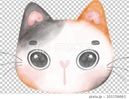 Cute cheerful calico kitten cat happy face cartoon character watercolour hand drawing 103156663