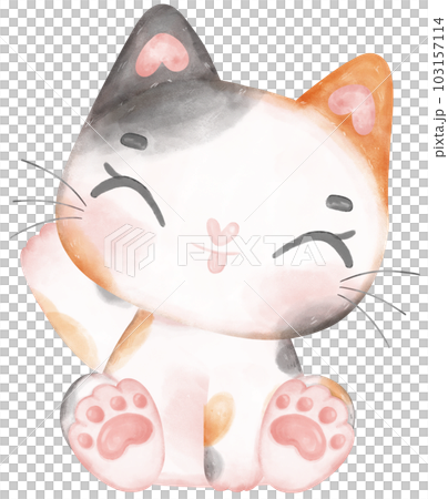 Cute playful calico kitten cat happy cartoon character watercolour hand drawing 103157114
