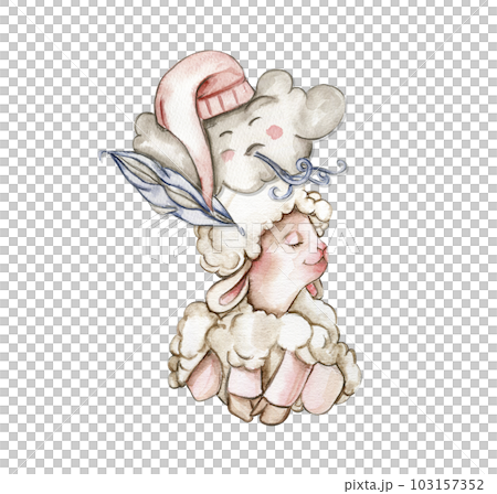 Cute white fluffy sheep sitting on the rainbow and clowds arround it. Illustration of farm baby animal . Perfect for wedding invitation,greetings card, poster, fabric pattern. 103157352