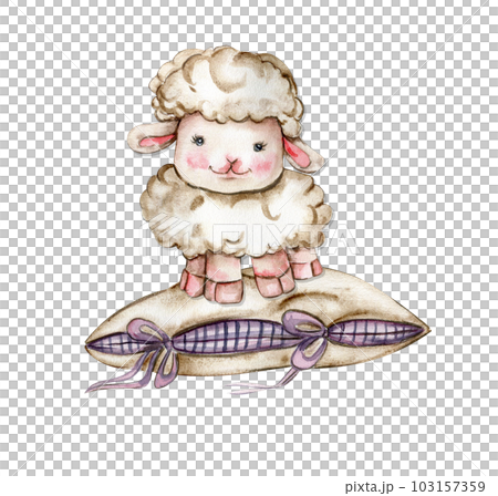 Cute white fluffy sheep sitting on the rainbow and clowds arround it. Illustration of farm baby animal . Perfect for wedding invitation,greetings card, poster, fabric pattern. Cute white fluffy sheep sitting on the rainbow and clowds arround it. Illustration of farm baby animal . Perfect for wedding invitation,greetings card, poster, fabric pattern. 103157359