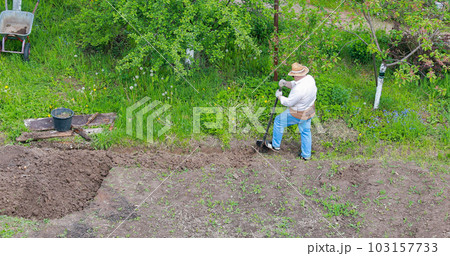 An adult man digs up his plot of land in the country for sowing potatoes. An adult man digs up his plot of land in the country for sowing potatoes. 103157733