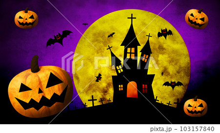 ハッピーハロウィン、色のついた背景にカボチャとコウモリと月 103157840