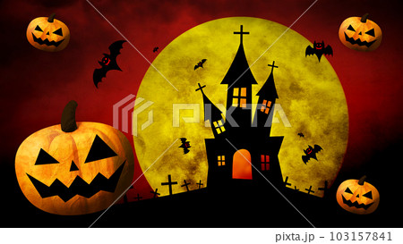 ハッピーハロウィン、色のついた背景にカボチャとコウモリと月 103157841