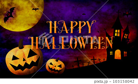 ハッピーハロウィン、色のついた背景にカボチャとコウモリとロゴ ハッピーハロウィン、色のついた背景にカボチャとコウモリとロゴ 103158042