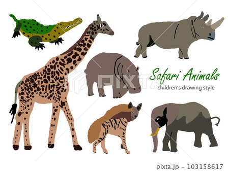 Vector illustration of cute wild safari African animals. Including giraffe, elephant, hyena, crocodile, hippo, rhinoceros Funny cartoon doodle characters in scandinavian style. Kids Vector illustration of cute wild safari African animals. Including giraffe, elephant, hyena, crocodile, hippo, rhinoceros Funny cartoon doodle characters in scandinavian style. Kids 103158617
