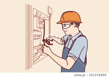 Man electrician repairs power shield and connects residential building or factory to electricity 103158899