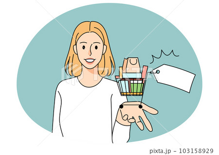 Happy woman with shopping cart excited with sales Happy woman with shopping cart excited with sales 103158929
