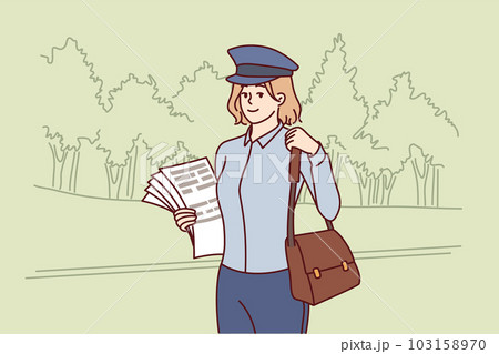 Woman postman delivers newspapers and fresh press with news or letters for residents of city. Woman postman delivers newspapers and fresh press with news or letters for residents of city. 103158970