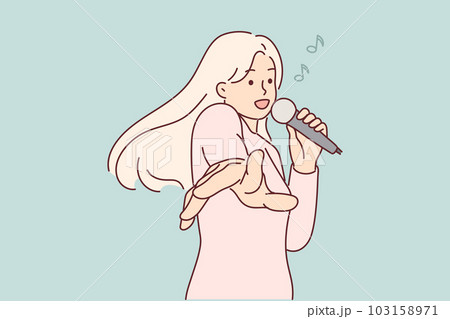 Woman with microphone sings in karaoke enjoying cool music party and stretching hands to screen Woman with microphone sings in karaoke enjoying cool music party and stretching hands to screen 103158971