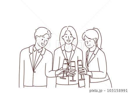 Smiling businesspeople with glasses celebrate in office  103158991