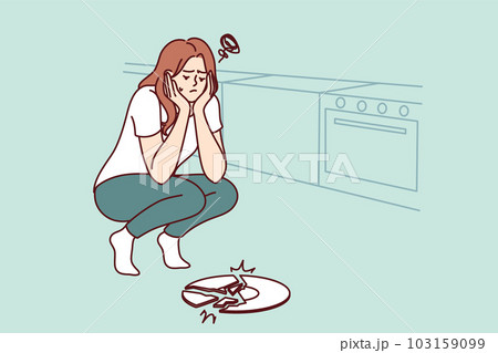 Sad woman broke plate in kitchen and is sad because of favorite saucer given by friends Sad woman broke plate in kitchen and is sad because of favorite saucer given by friends 103159099