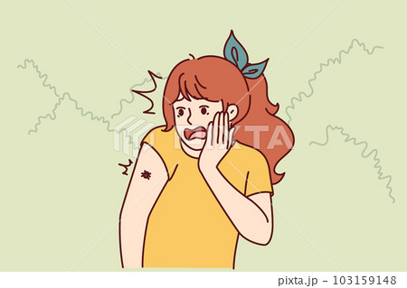 Frightened teenage girl with tick crawling on arm screams for fear contracting infection Frightened teenage girl with tick crawling on arm screams for fear contracting infection 103159148