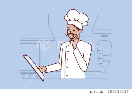 Chef cook man stands in kitchen street food restaurant and holds clipboard with menu Chef cook man stands in kitchen street food restaurant and holds clipboard with menu 103159157