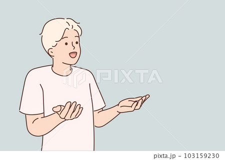 Surprised man smiles and spreads hands, rejoicing at meeting with friend from school Surprised man smiles and spreads hands, rejoicing at meeting with friend from school 103159230