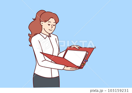 Woman is holding folder reading report from employees or preparing for business presentation Woman is holding folder reading report from employees or preparing for business presentation 103159231