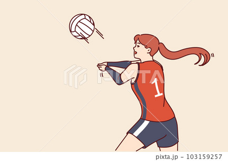 Woman volleyball player tosses ball to score goal for opposing team during tournament or training 103159257