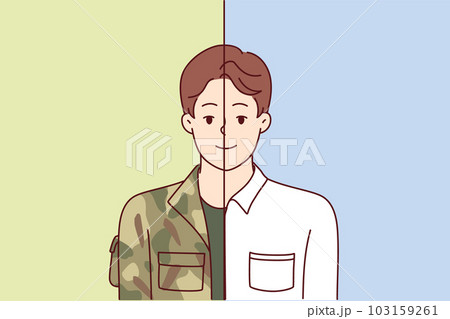 Man in military and office clothes symbolizes dismissal from army and beginning of civilian career. 103159261