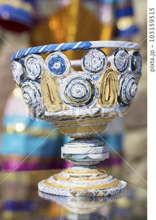 Belarus, the city of Gomel, September 14, 2019. Ecological holiday.Vase of paper. Products from waste. Ecological waste recycling concept Belarus, the city of Gomel, September 14, 2019. Ecological holiday.Vase of paper. Products from waste. Ecological waste recycling concept 103159515