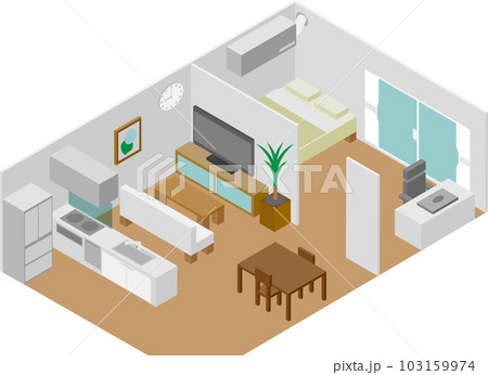 アイソメトリックなリビングと部屋のイラスト アイソメトリックなリビングと部屋のイラスト 103159974