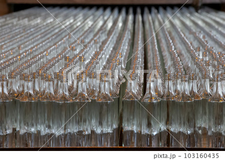 Glassworks. Glass industry. Many glass bottles on a factory conveyor in a row 103160435