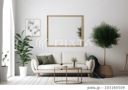 Add a touch of elegance to your home with this stunning modern living room featuring a white couch, green potted plants, and a mockup frame on the wall. AI Generative. Add a touch of elegance to your home with this stunning modern living room featuring a white couch, green potted plants, and a mockup frame on the wall. AI Generative. 103160509