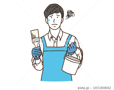 ペンキと刷毛を持ち困るエプロン姿の男性 ペンキと刷毛を持ち困るエプロン姿の男性 103160602