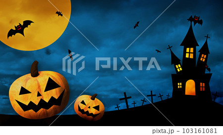 ハッピーハロウィン、色のついた背景にカボチャやコウモリが踊る(テキストスペース有り) ハッピーハロウィン、色のついた背景にカボチャやコウモリが踊る(テキストスペース有り) 103161081