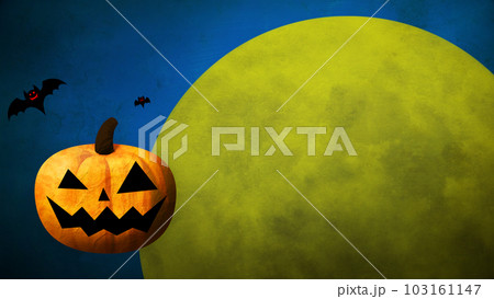 ハッピーハロウィン、色のついた背景にカボチャとコウモリと月（テキストスペース有り） 103161147