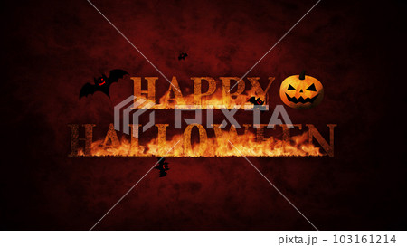 ハッピーハロウィン、色のついた背景にカボチャとコウモリと燃えるロゴ ハッピーハロウィン、色のついた背景にカボチャとコウモリと燃えるロゴ 103161214