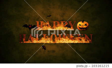 ハッピーハロウィン、色のついた背景にカボチャとコウモリと燃えるロゴ ハッピーハロウィン、色のついた背景にカボチャとコウモリと燃えるロゴ 103161215
