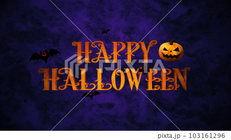 ハッピーハロウィン、色のついた背景にカボチャとコウモリとロゴ 103161296