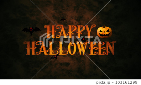 ハッピーハロウィン、色のついた背景にカボチャとコウモリとロゴ 103161299